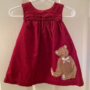 Baby Boden Appliqué Teddy Bear Corduroy Pinnie Dress Dark Red Size 3-6 Months